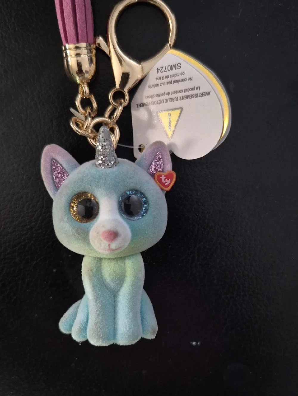 Ty Flocked Cat Keychain in Pastel Blue with Pink Tassel